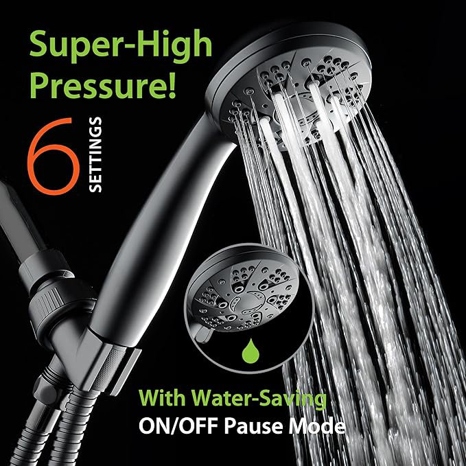 High Pressure 6-Setting 3.5" Chrome Face Handheld Shower with Hose for the Ultimate Shower Experience!