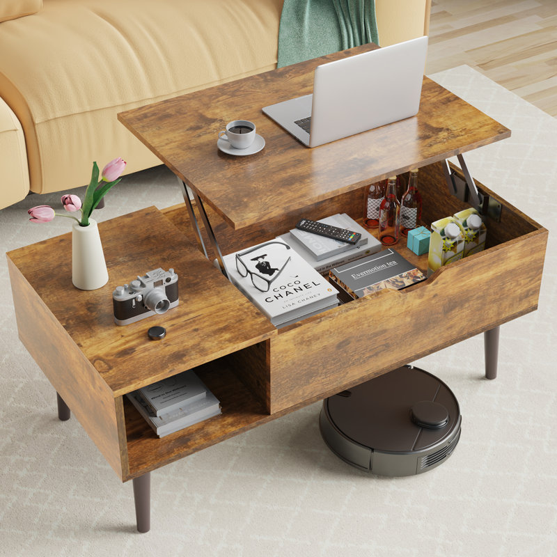 Table basse à plateau relevable, multifonction 4-en-1 et grande table basse avec rangement, Brun
