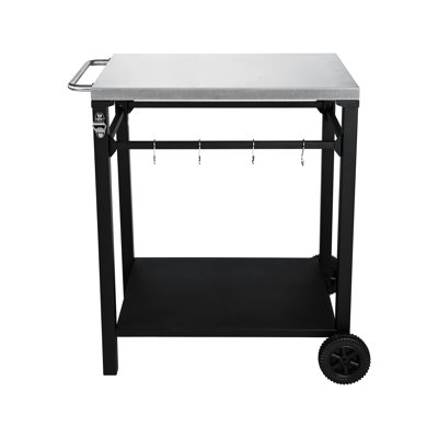 Chariot de barbecue extérieur à 2 niveaux noir, plateau en acier inoxydable, grandes roues, crochets à outils, table de préparation de barbecue mobile et chariot de service roulant pour terrasse, cour arrière, support à four à pizza