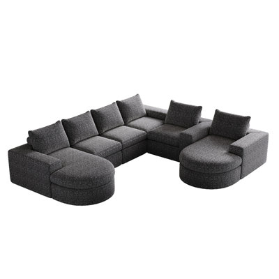 Chenille Cloud Curved L-Shaped Sectional With Chaise, 4 For Living And Bedroom, Six Modules, No Assembly, Grey, Double Cushion Design Featuring High Resilience Sponge Upholstered Cushions, Three Two