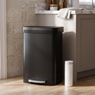 50L / 13.2 Gal Step Trash Can, Metal Kitchen Garbage Can with Soft-Close Lid and Bag Retainer Ring, Multi-Room Use, Black