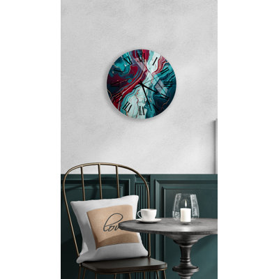 Teal, Burgundy, and White Abstract Marble Tempered Glass Non-Ticking Wall Clock