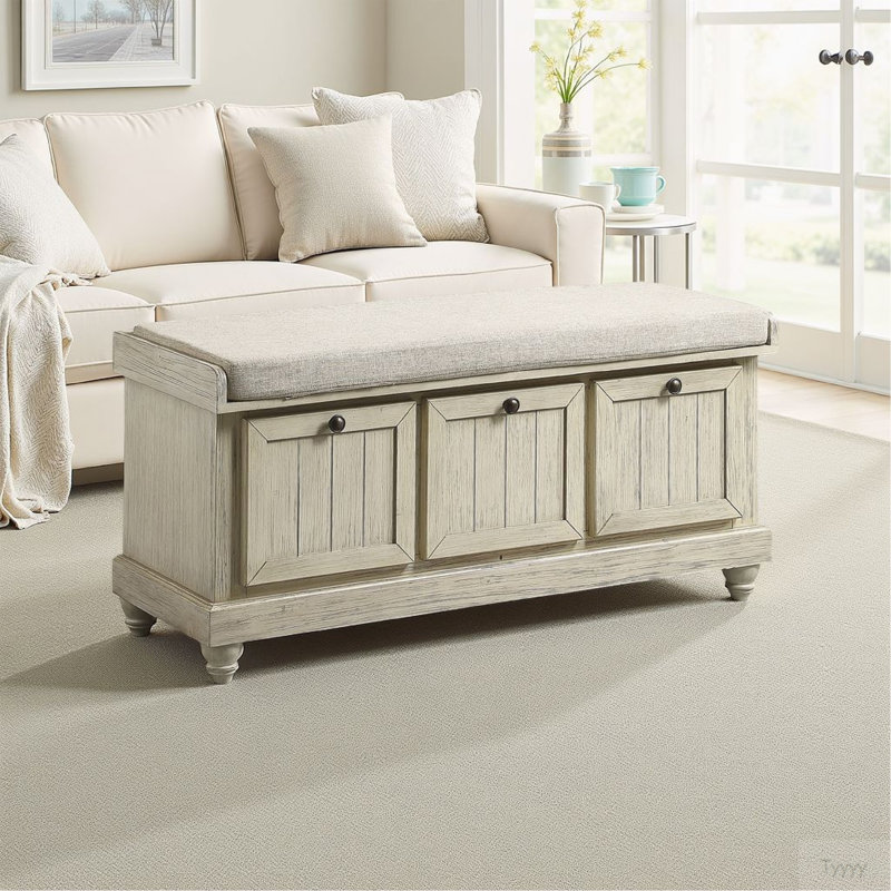 Banc Wali avec banc de rangement relevable de 44 pouces et siège rembourré blanc antique