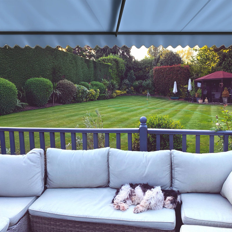 Motorized Retractable Patio Awning- Black Frame, 20' W x 10' D, Solid Color, Sky Blue