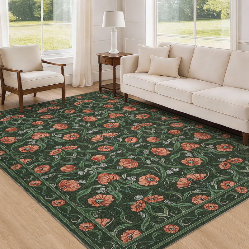 Area Rug, Floral Washable Rugs, Modern Style, Non-Slip Low-Pile Soft Floor Carpet for Bedroom, Living Room, Dining Room