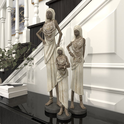 Delossantos 3 Piece White Polystone Standing African Woman Sculpture with Intricate Details Set