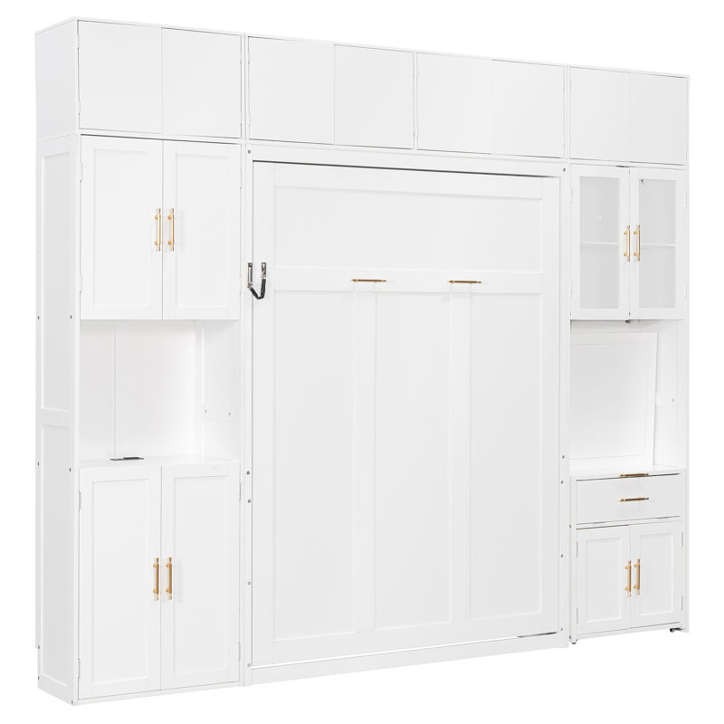 Lit escamotable double vertical avec bureau escamotable, armoire de rangement, tablettes éclairées et station de charge