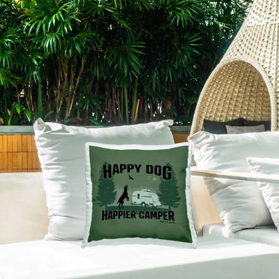 Happier Camper with Dog Outdoor Printed Pillow by Dog Is Good