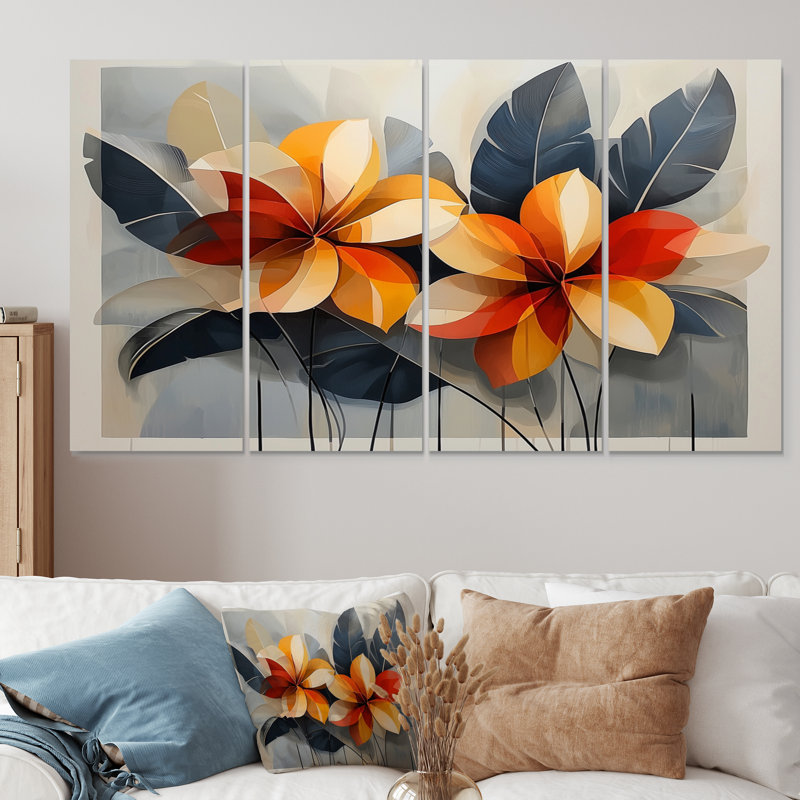 Été hibiscus dans une symphonie géométrique I - Hibiscus Wall Art - ensemble d'art mural traditionnel, H 32 po x l 64 po, 4