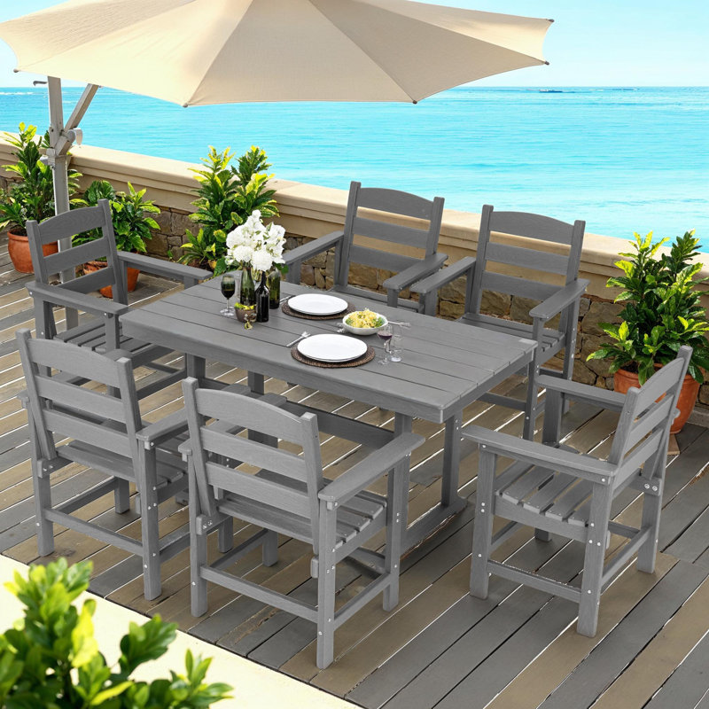 7PC Modern Outdoor Dining Set for 6, Durable HDPE Table and Chairs with Comfortable Ergonomic Design, Grey