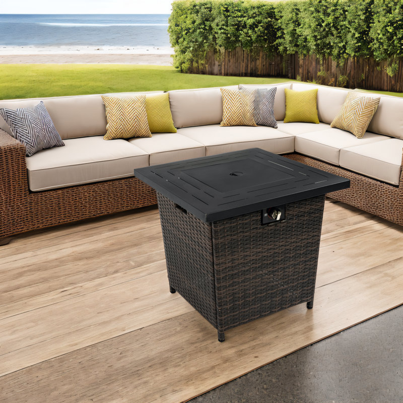 25'' H x 28'' W Outdoor Square Wicker Propane Gas Fire Pit Table with Lava Rocks and Lid