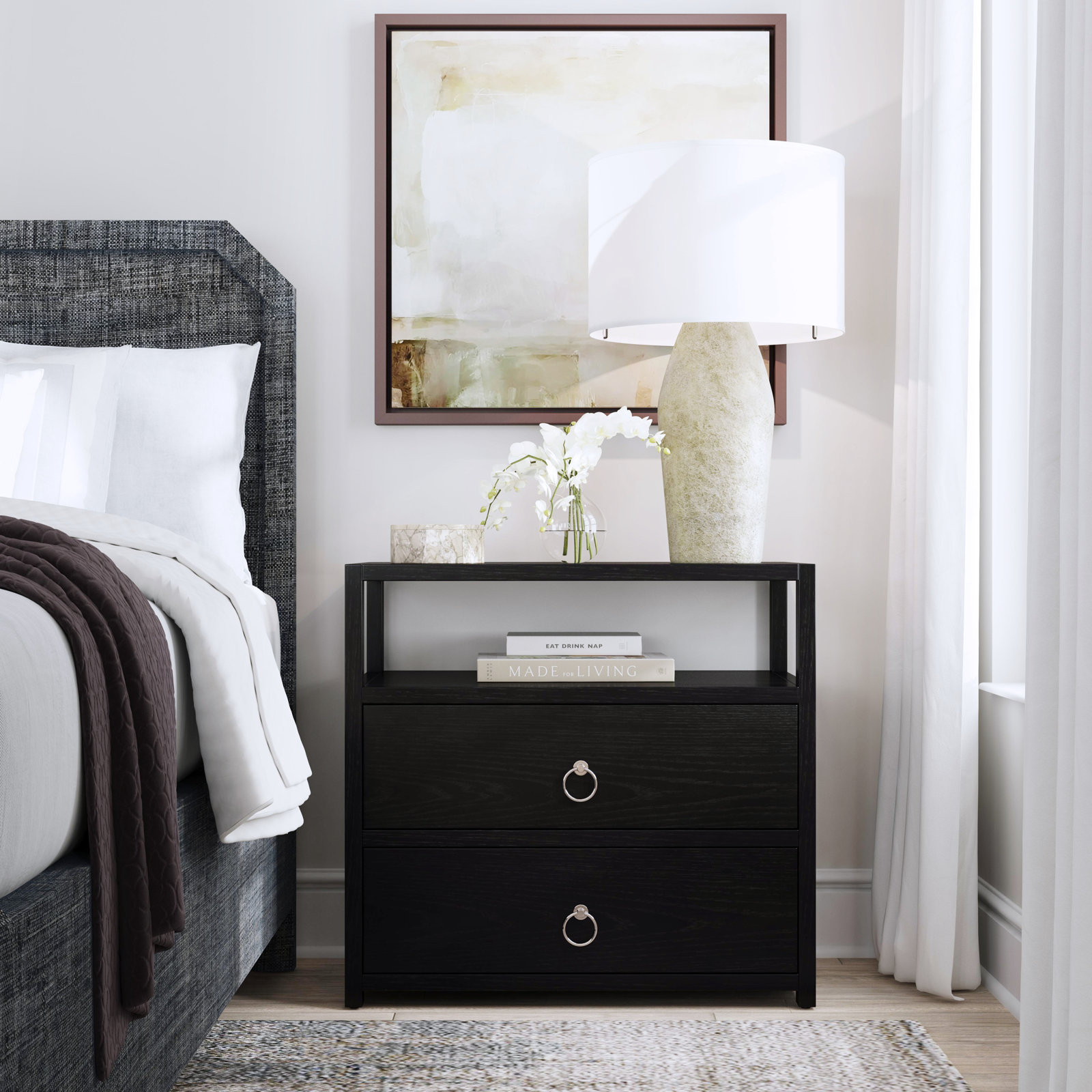 Elin 2-Drawer Acacia Nightstand, Black
