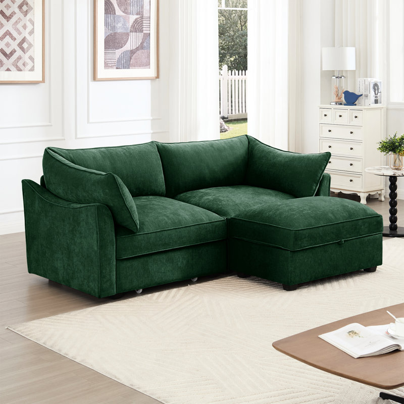 2 places assises avec repose-pieds et 1 espace de rangement amovible en chenille sous chaque siège, conception unique en forme de croissant de coussins d'accoudoirs enveloppés, bords de coussin passepoilés, chenille cachée