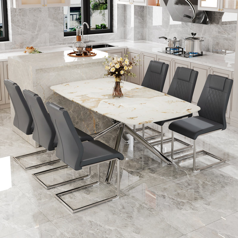 7- Piece Dining Set (Silver), White, Beige