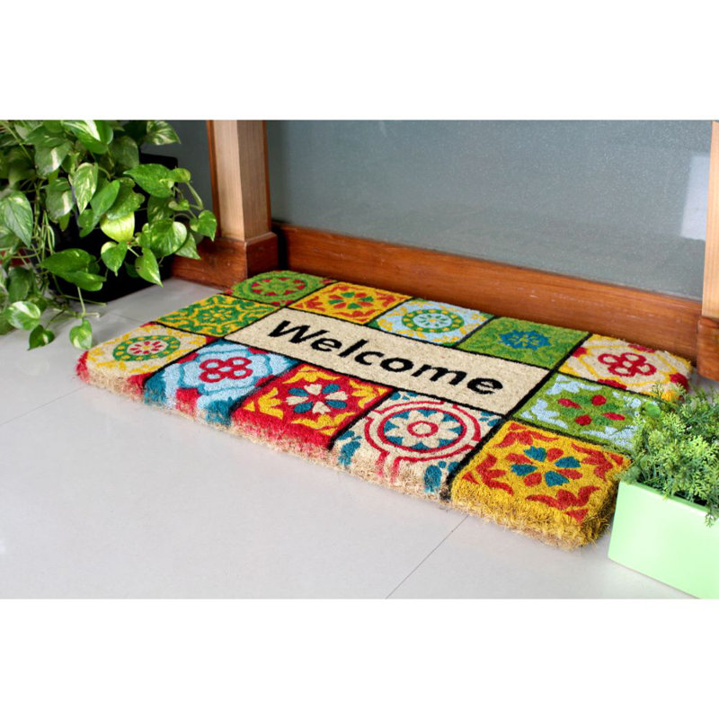 Colorful Coir Outdoor Welcome Doormat with Folk Tile Design