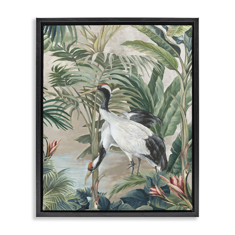 "Tropical Oasis Cranes", art mural encadré par Eli Jones, H 31 po x l 25 po, Cadre flottant noir de jais