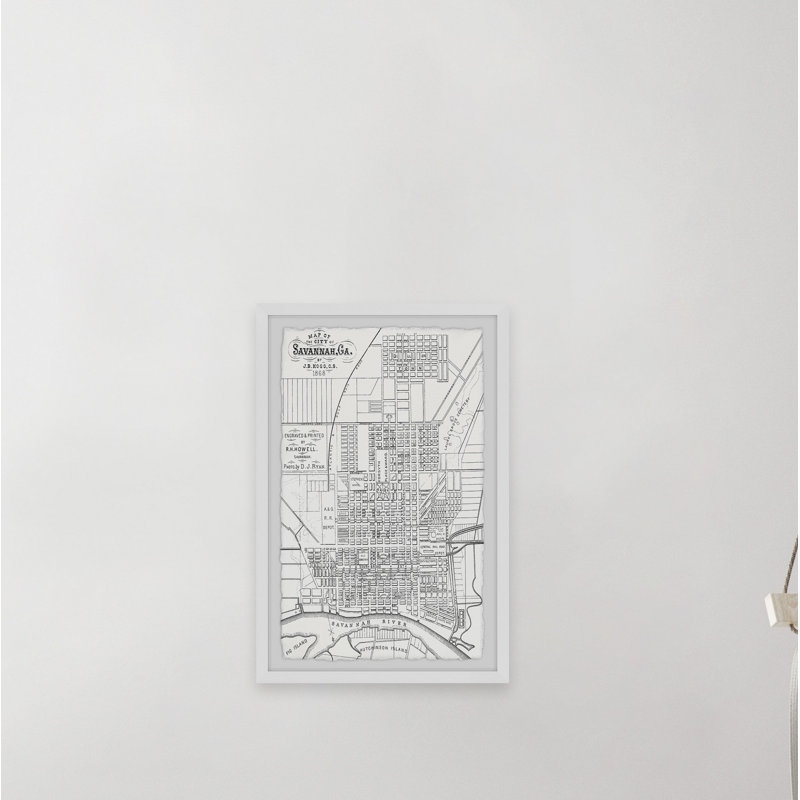 Carte de la ville de Savannah - Reproduction d'art graphique sur papier encadré, H 24 po x l 16 po x P 1,5 po