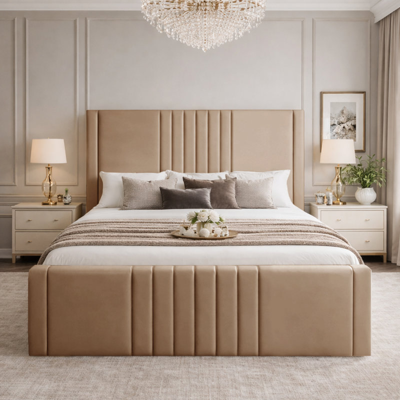 Haisley Upholstered Storage Bed Frame, Beige, Double (4'6)