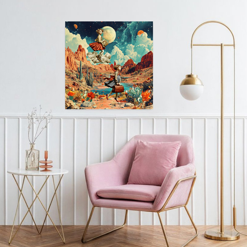 «Dreamy Desert Adventure», art mural de paysage de cheval de cactus rétro coloré