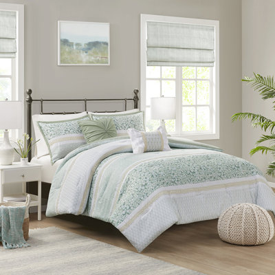 Ensemble de literie 5 pièces pour très grand lit / très grand lit - édredon Seersucker à motif botanique imprimé chic avec 1 édredon, 2 coussins décoratifs, taies décoratives et bourre de style taie