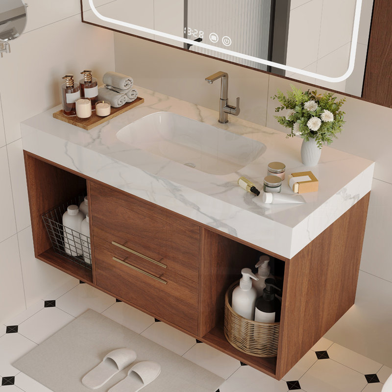 Meuble-lavabo flottant avec lavabo en céramique, conception murale et deux tiroirs à fermeture en douceur pour une élégance moderne.