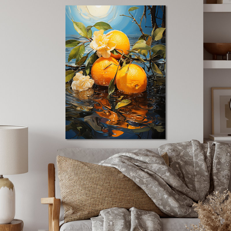 Citron, Sienne sereine, coucher de soleil, lac, fruits, art mural en métal, H 40 po x l 30 po x P 1,5 po