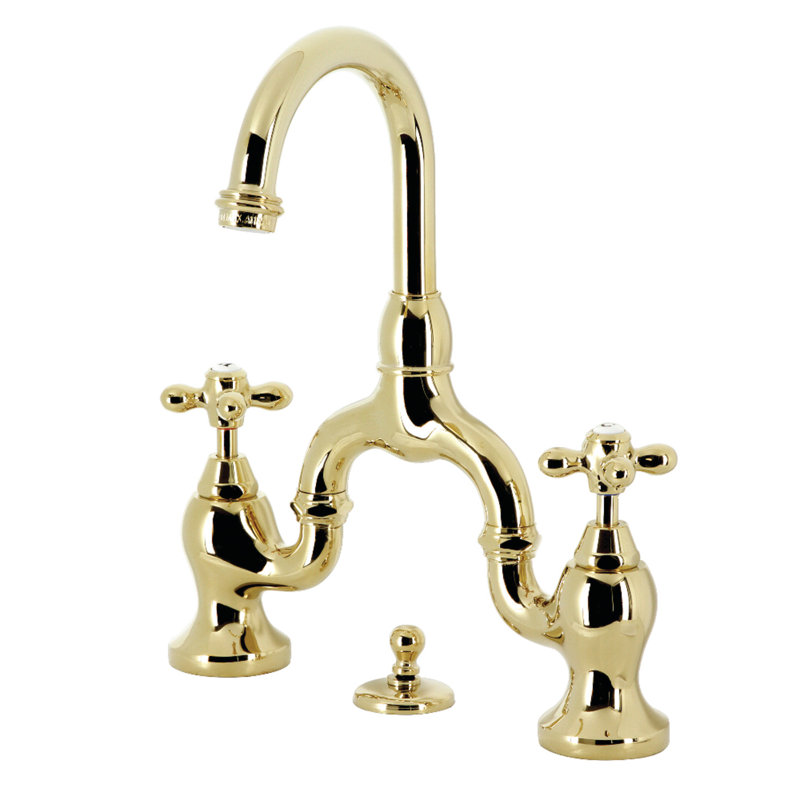 Kingston Brass English Country Two-Handle 3-Hole Deck Mount Bridge Bathroom Faucet with Brass Pop-Up, Polished Brass