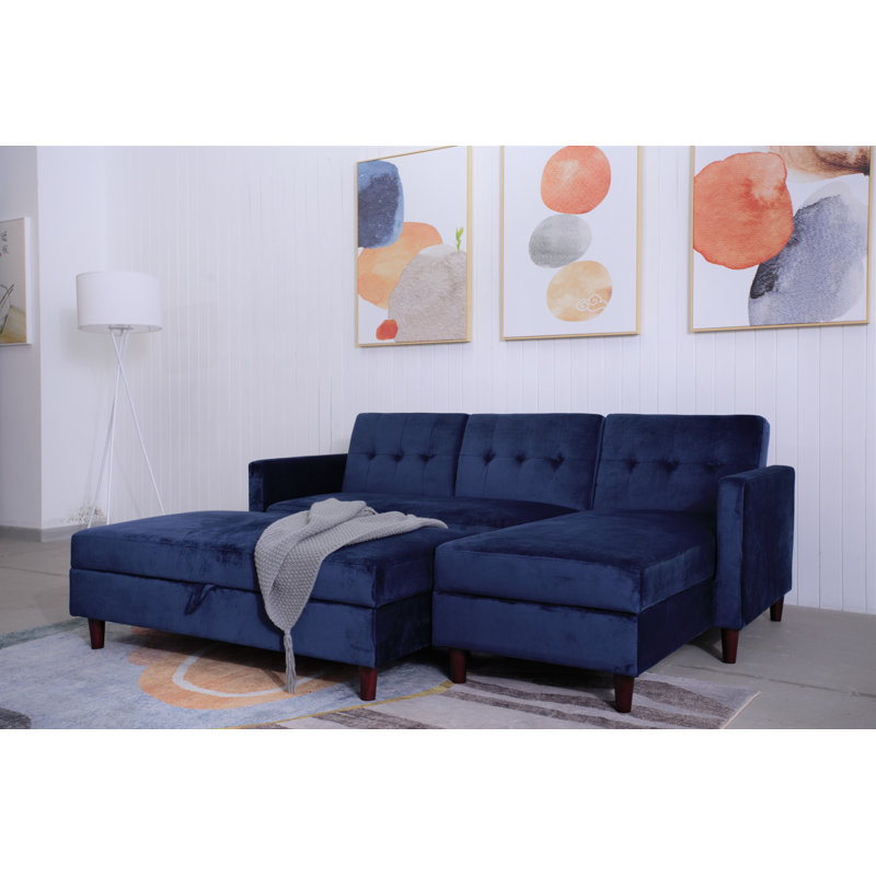 Comeaux 4 Seater Velvet Sofa Bed, Blue