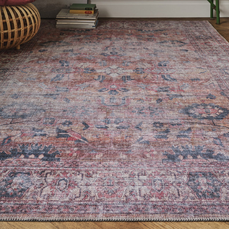 Red Traditional Persian Floral Abstract Bordered Easy To Clean Rug For Dining Room Bed Room And Living Room