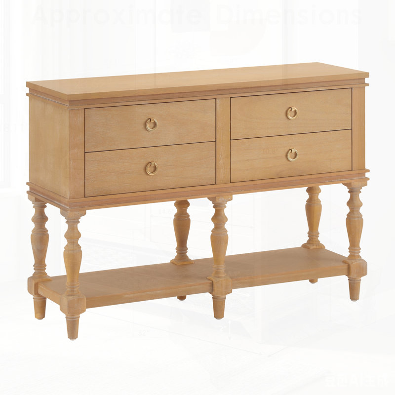 Console rétro avec 4 tiroirs à fermeture en douceur, pieds tournés classiques, structure en bois massif, placage de pin et tablette inférieure épaisse pour entrée de ferme
