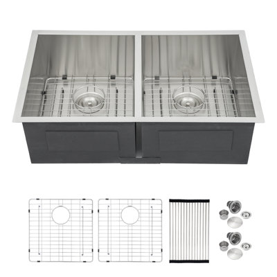 33" L x 19" W 50/50 Double Basin Stainless Steel Undermount Kitchen Sink with Accessories