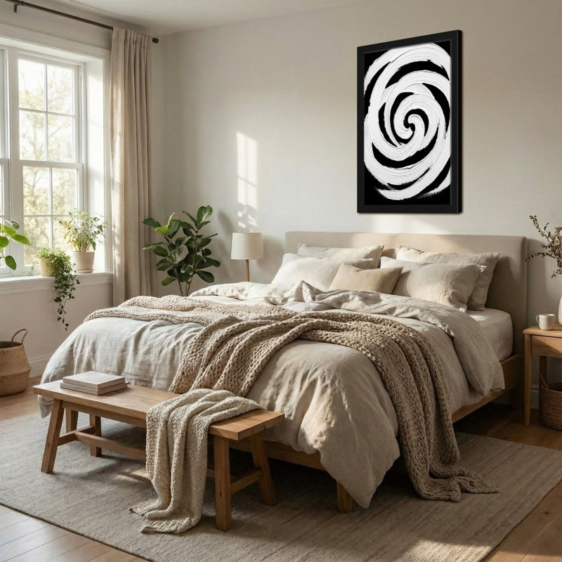 Motif abstrait en spirale noir et blanc, H 18 po x l 12 po
