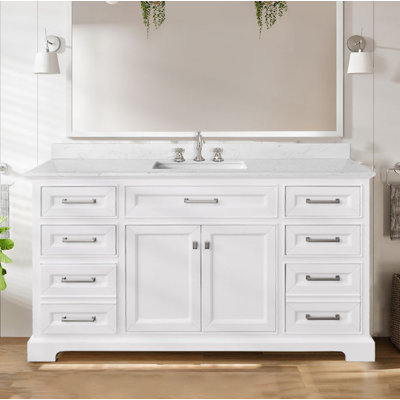 Angela 60” Bathroom Vanity With White Engineered Marble Stone Rectangular Sink