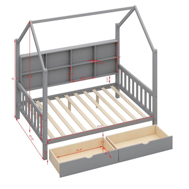 Antiope Kids Bed with Storage Shelf, Gray, Full 
