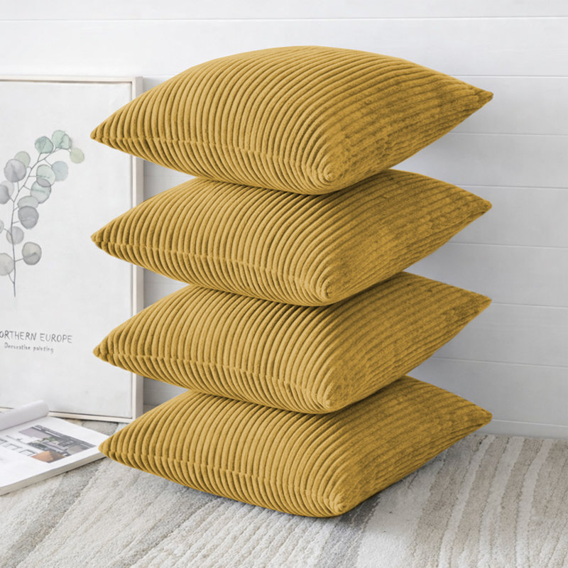Striped Square Scatter Crushed Velvet Cushion Cover (Set of 4), Ochre