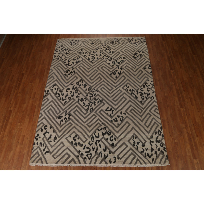 Tapis beige / ivoire en laine noué à la main de conception unique 8 pi x 10 pi 8 po New Age