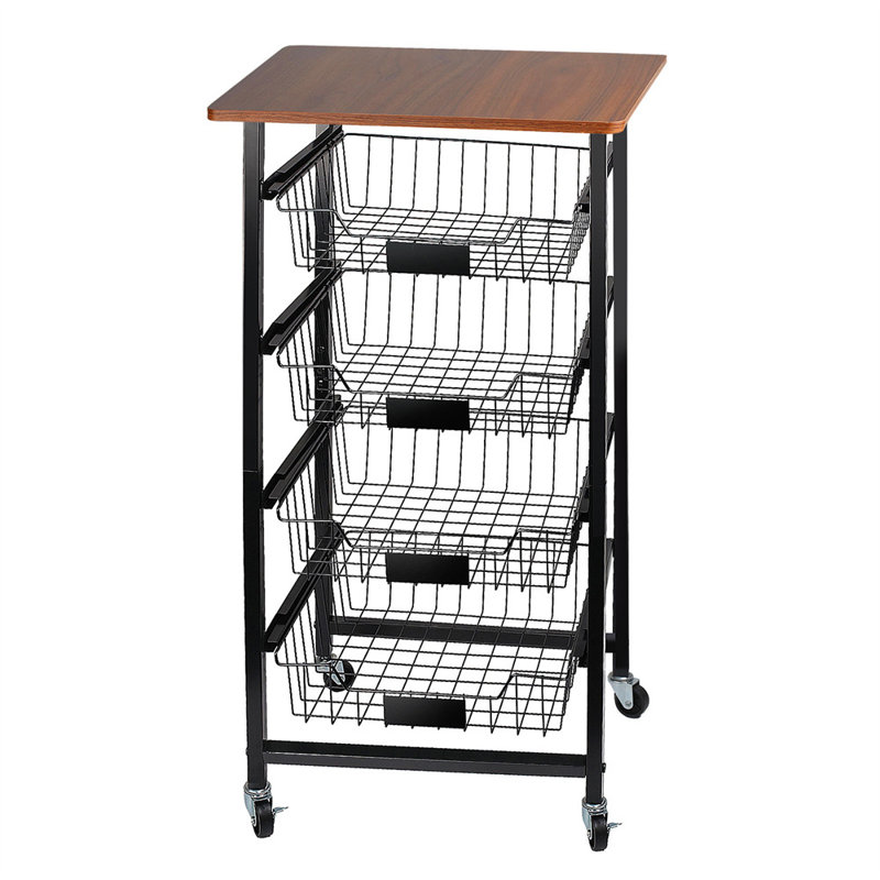 Chariot de rangement à 4 niveaux avec paniers et plateau en bois pour les fruits, les légumes et les collations