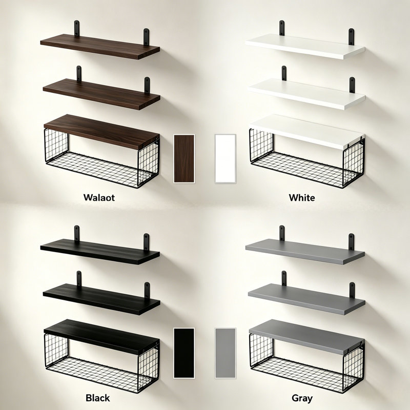 Tablettes murales flottantes 3 pièces avec panier de rangement en fil métallique Cantura, Noir