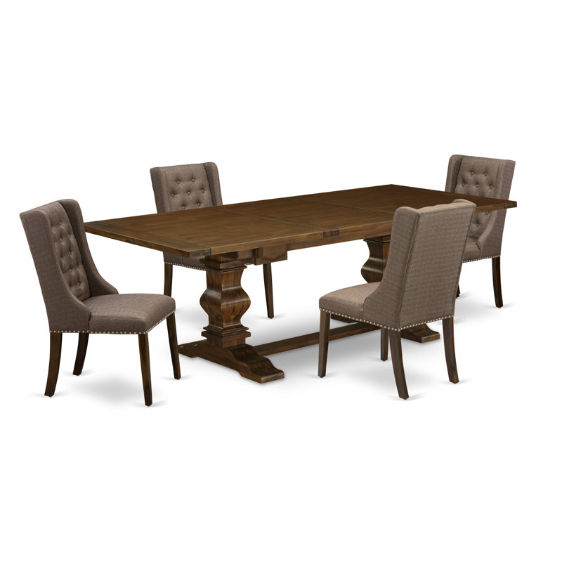Cet ensemble de salle à manger 5 pièces comprend une table de salle à manger rectangulaire avec rallonge amovible et 4 chaises rembourrées en tissu brun, noyer antique 