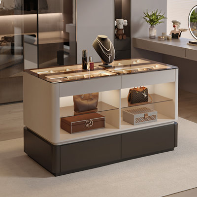 Armoire à bijoux 55,12 po à deux tons de luxe pour vestiaire, présentoir en verre trempé avec lumière DEL et commode à double face avec rangement à grande capacité