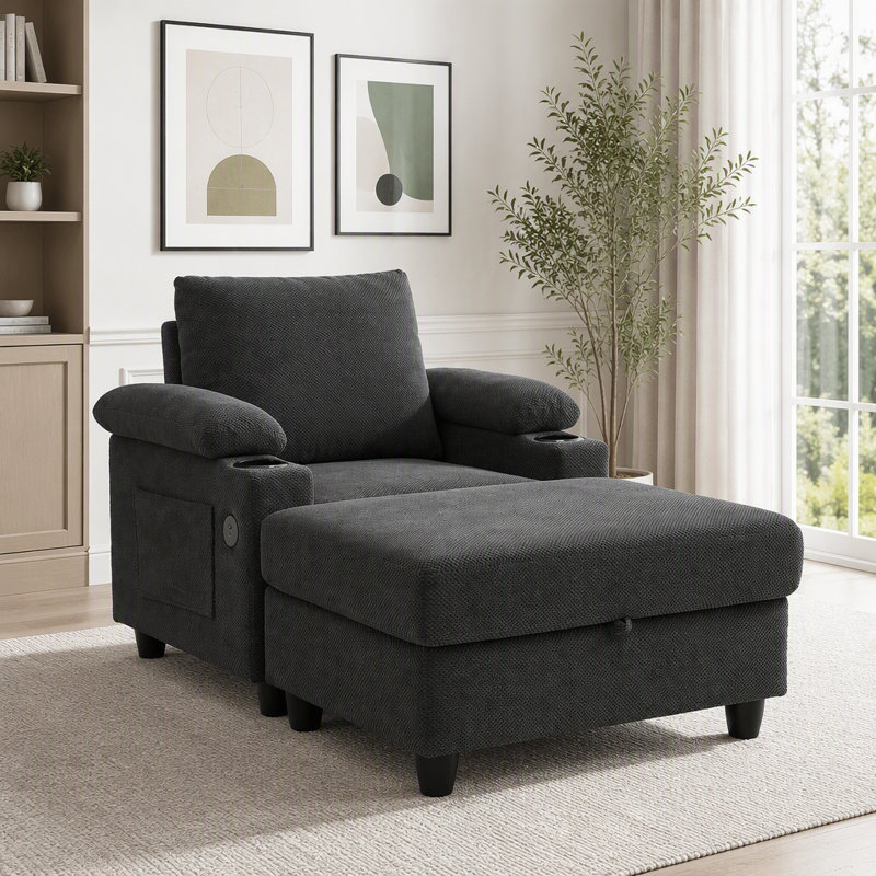Fauteuil convertible avec repose-pieds, dossier inclinable, porte-gobelets et charge USB, Tissu gris foncé