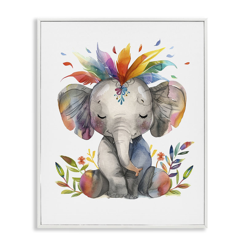  «Rainbow Blooms Elephant Giclee» par LSR Design Studio, H 14 po x l 11 po, Estampe numérique encadrée blanc bord de mer