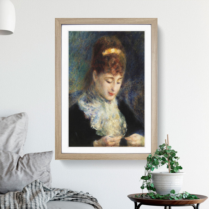 Woman Crocheting by Pierre-Auguste Renoir - Picture Frame Painting, 65cm H x 48cm W x 2cm D, Oak