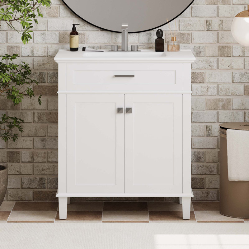 Meuble-lavabo de 30 po avec lavabo en céramique, porte à fermeture douce et tablettes réglables, Blanc
