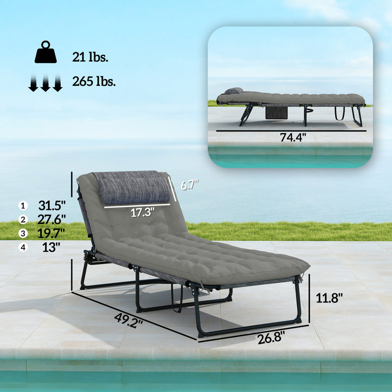 Folding Chaise Lounge Pool Chair With 4-Level Reclining Back, Cushion, Side Pocket, Headrest, Gray, Gray