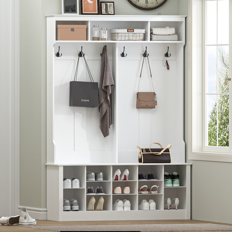 53"W Hall Tree and Shoe Storage Bench with Shelves,Cubbies and Coat Hooks for Foyer, Mudroom, or Entryway, White