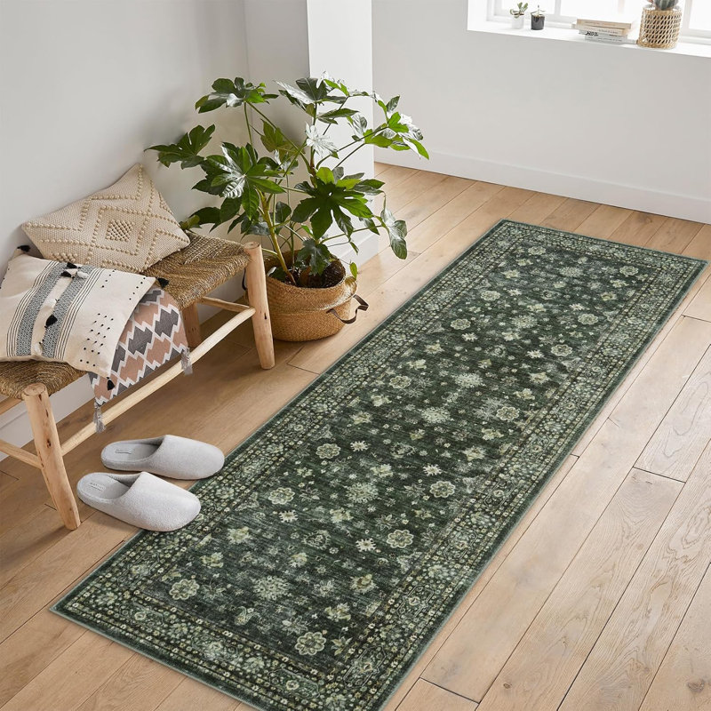 Vintage Washable Area Rug for Bedroom, Distressed Non-Slip Non-Shedding Floral Soft Throw Rugs for Living Room, Dining, Foyer