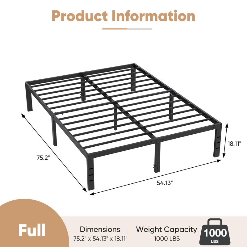 Lutherville 18'' Black Metal Platform Bed Frame With Steel Slat Support, No Box Spring Needed, Full, 18"
