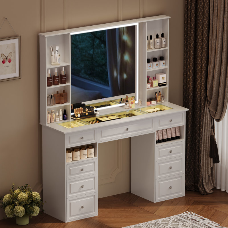Ensemble de meuble-lavabo avec très grand miroir lumineux, coiffeuse avec 9 tiroirs, meuble-lavabo de style européen, meuble-lavabo à luminosité réglable pour la chambre à coucher (blanc-a)