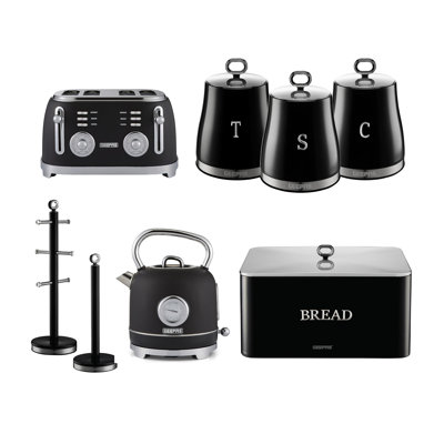 GEEPAS Retrovive 1.8L Electric Kettle, 4 Slice Bread Toaster, Set of 3 Tea Coffee Sugar Canister, Bread Bin, Mug Tree & Towel Pole Set of 8 PC Matching Kitchen Counter Storage Space Saver Set